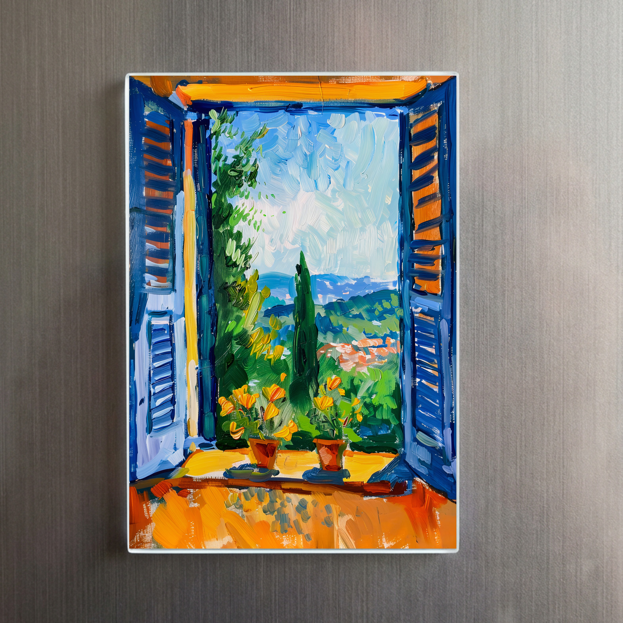 raxxa Glas-Magnet: Terrace View Toward Mountainous Mediterranean Landscape With Tall Cypress Trees Nearby - immagine 2