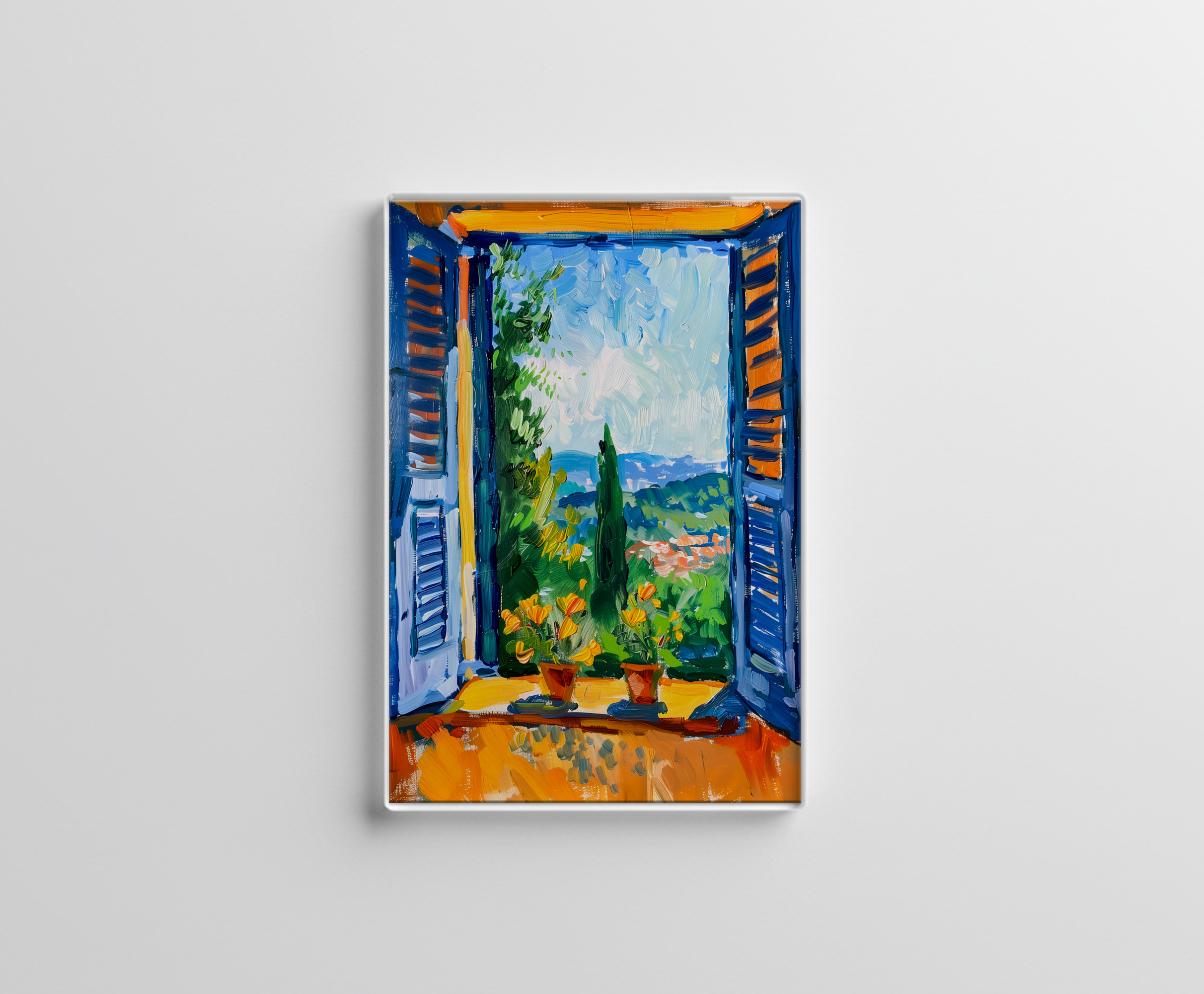 raxxa Glas-Magnet: Terrace View Toward Mountainous Mediterranean Landscape With Tall Cypress Trees Nearby