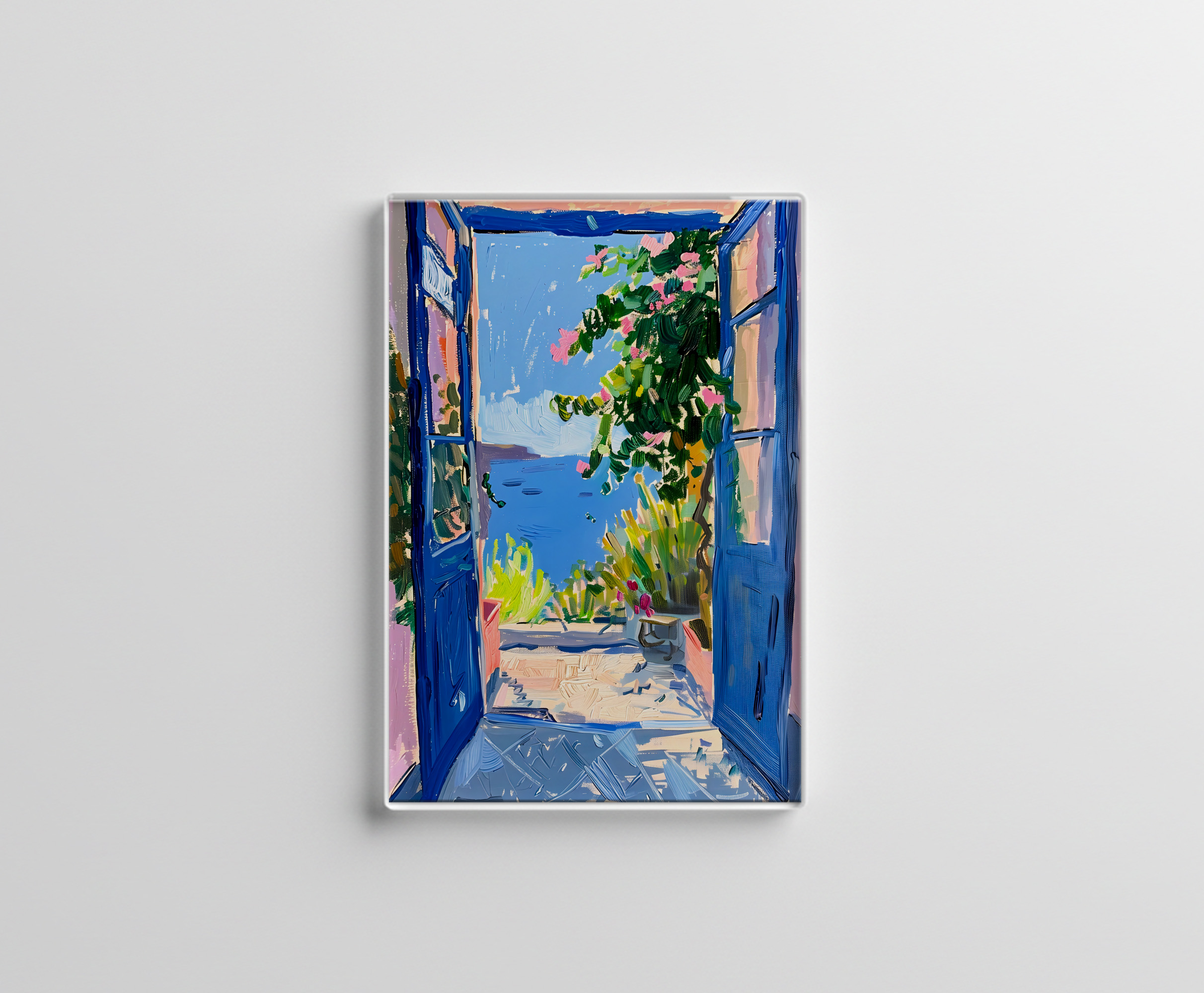 raxxa Glas-Magnet: Mediterranean Terrace View Through Open Door With Blooming Bougainvillea Frame