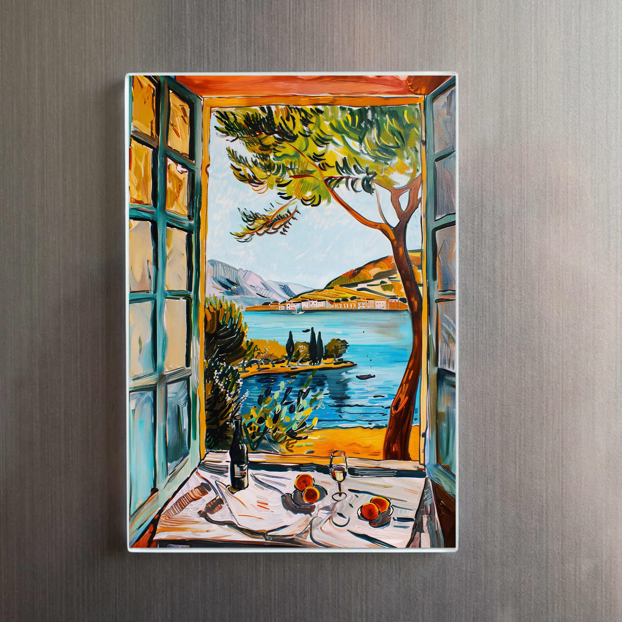 raxxa Glas-Magnet: Window View Over Mediterranean Bay With Wine Glass And Fruit Still Life - immagine 2