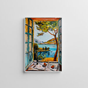 raxxa Glas-Magnet: Window View Over Mediterranean Bay With Wine Glass And Fruit Still Life