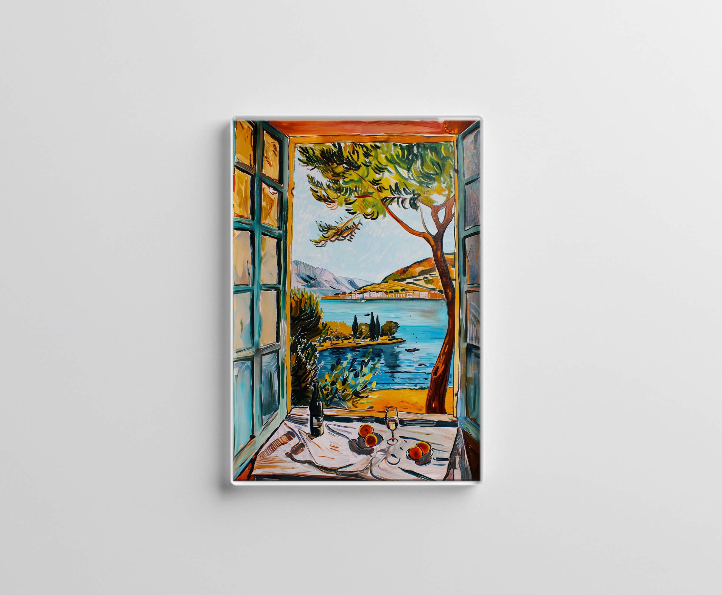 raxxa Glas-Magnet: Window View Over Mediterranean Bay With Wine Glass And Fruit Still Life