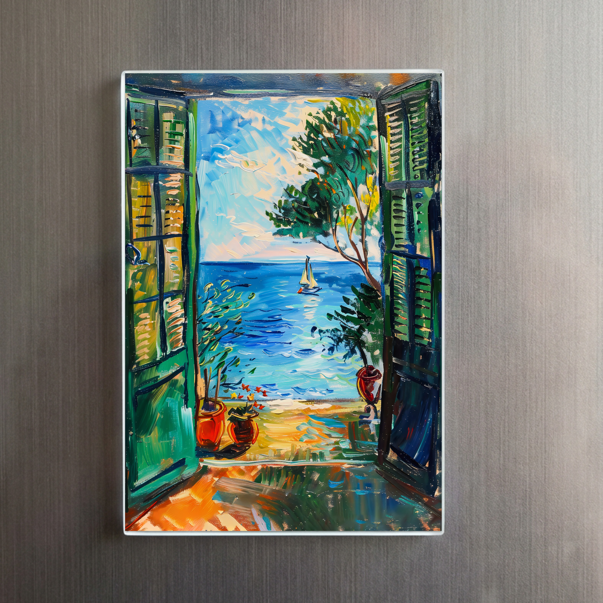 raxxa Glas-Magnet: Terrace Door View Toward Mediterranean Sea With Passing Sailboat And Olive Tree - immagine 2