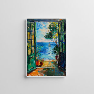 raxxa Glas-Magnet: Terrace Door View Toward Mediterranean Sea With Passing Sailboat And Olive Tree