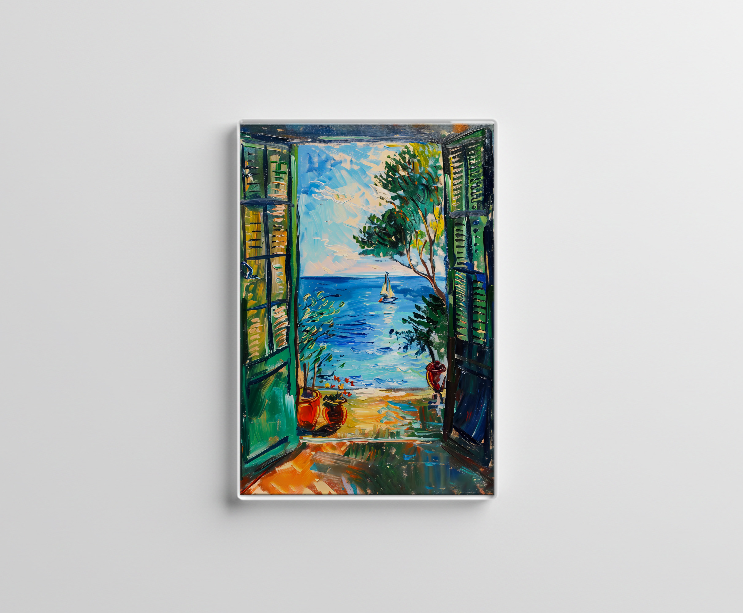 raxxa Glas-Magnet: Terrace Door View Toward Mediterranean Sea With Passing Sailboat And Olive Tree
