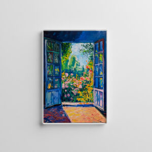 raxxa Glas-Magnet: Terrace Door View Into Rustic Cottage Garden With Roses And Trees