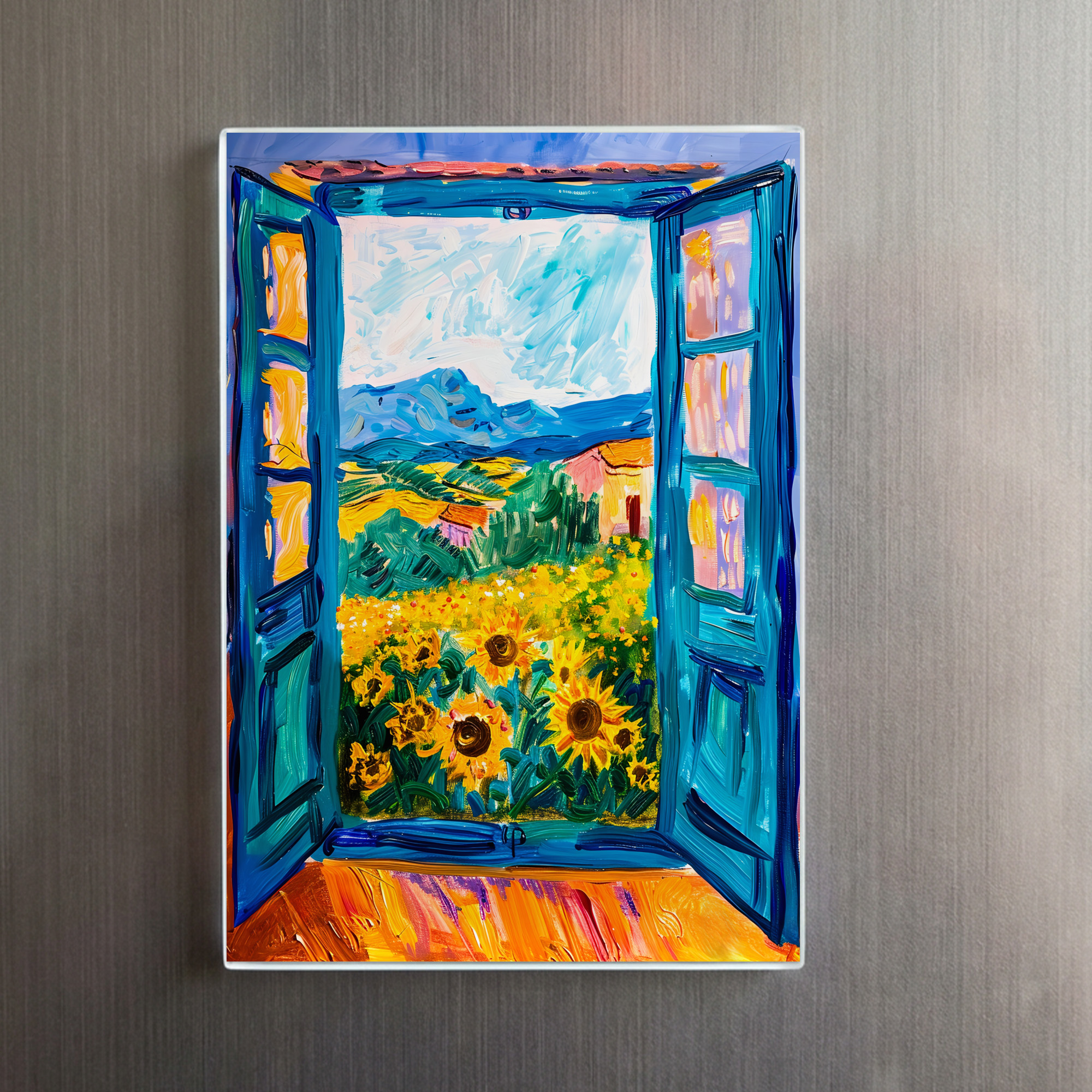 raxxa Glas-Magnet: Terrace Door View Toward Sunflower Field With Distant Mountain Horizon – Image 2