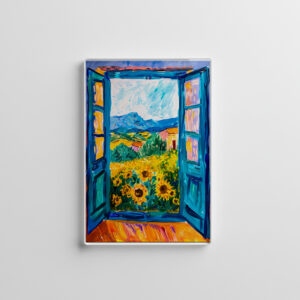 raxxa Glas-Magnet: Terrace Door View Toward Sunflower Field With Distant Mountain Horizon