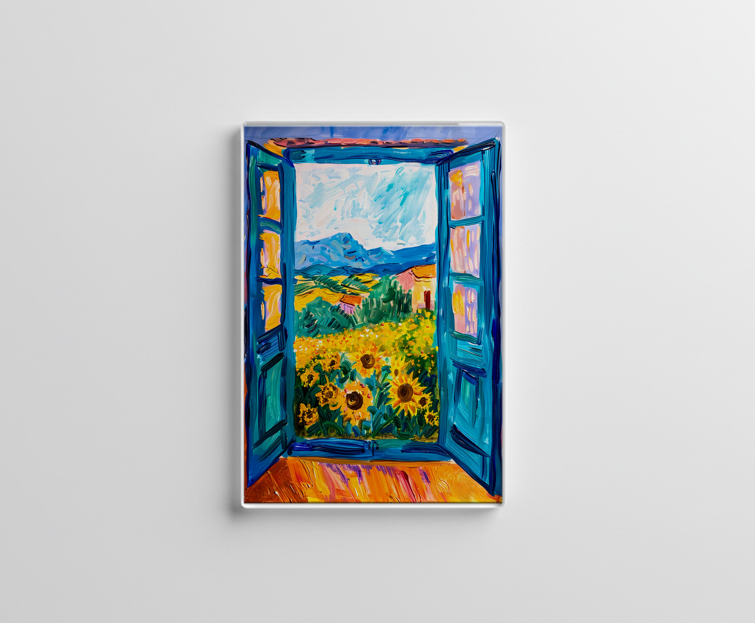 raxxa Glas-Magnet: Terrace Door View Toward Sunflower Field With Distant Mountain Horizon