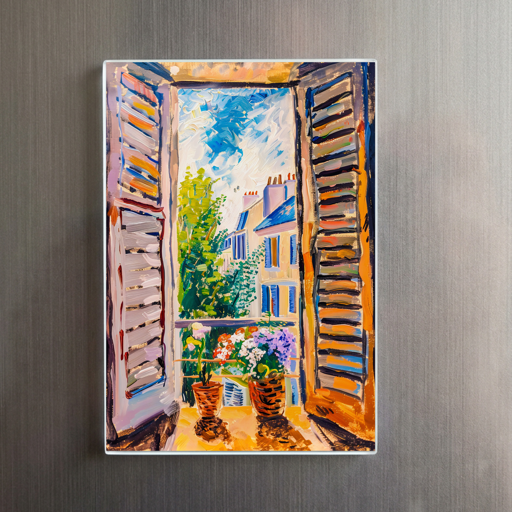 raxxa Glas-Magnet: Terrace Door View Toward Mediterranean Cityscape With Two Flower Pots Outside – Bild 2