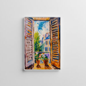raxxa Glas-Magnet: Terrace Door View Toward Mediterranean Cityscape With Two Flower Pots Outside