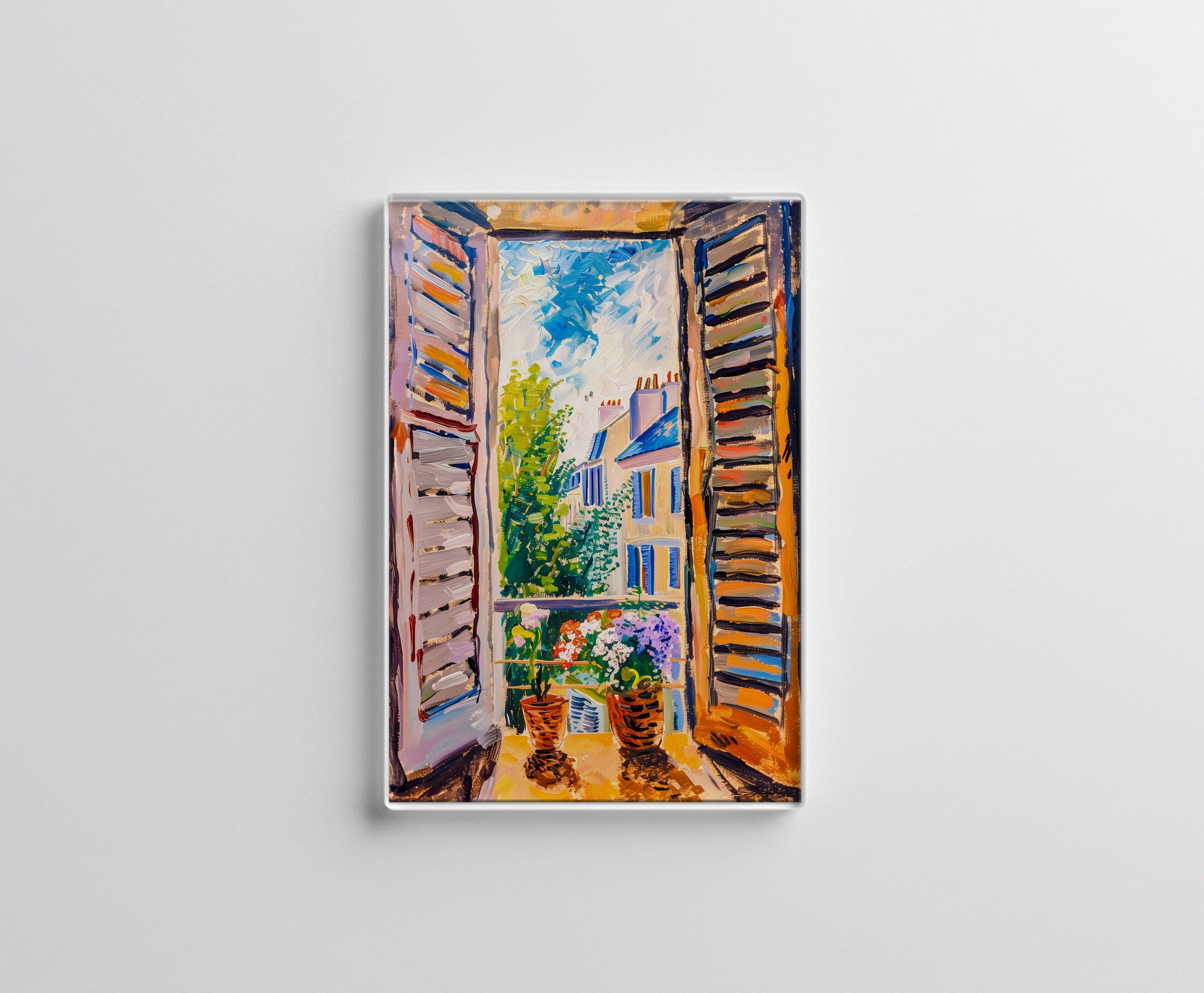 raxxa Glas-Magnet: Terrace Door View Toward Mediterranean Cityscape With Two Flower Pots Outside