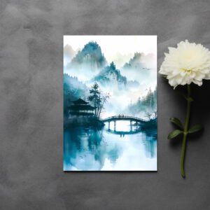 raxxa Postkarte: Mountain Landscape In China With Temple And Bridge In Blue‑Green Tones