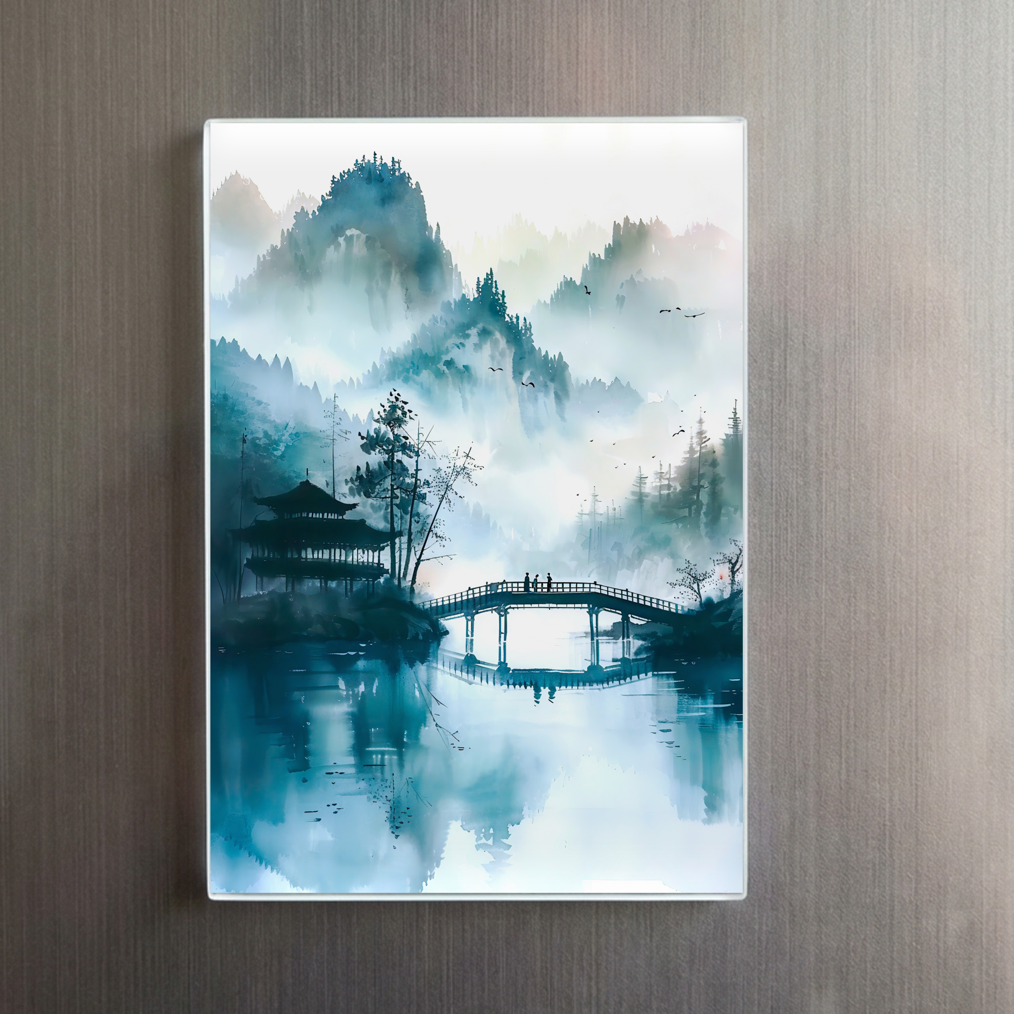 raxxa Glas-Magnet: Mountain Landscape In China With Temple And Bridge In Blue‑Green Tones – Bild 2