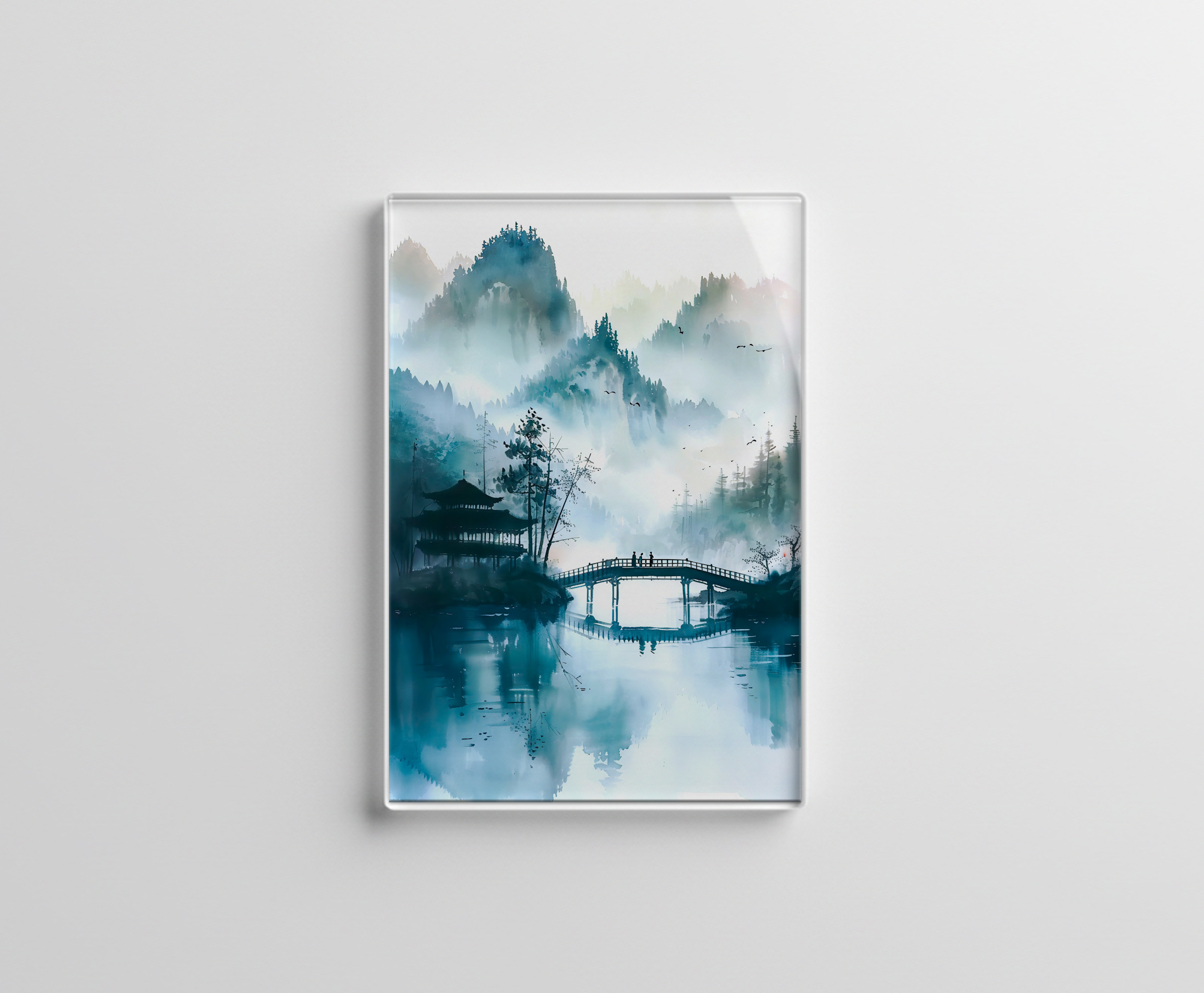 raxxa Glas-Magnet: Mountain Landscape In China With Temple And Bridge In Blue‑Green Tones