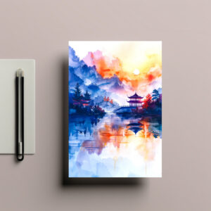 raxxa Postkarte: Mountain Landscape In China With Temple In Blue, Yellow And Red Tones