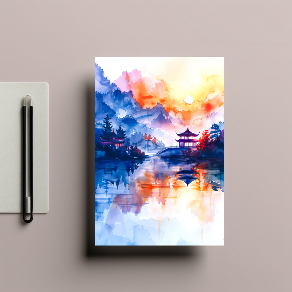 raxxa Postkarte: Mountain Landscape In China With Temple In Blue, Yellow And Red Tones