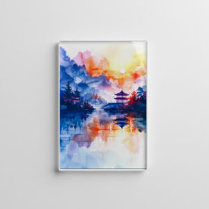 raxxa Glas-Magnet: Mountain Landscape In China With Temple In Blue, Yellow And Red Tones