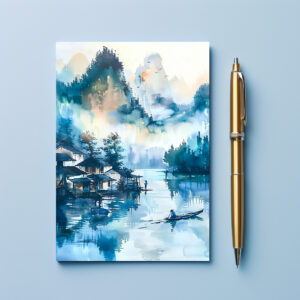 raxxa Postkarte: Mountain Landscape With Lakeside Village And Fisher Boat In Blue‑Orange Palette