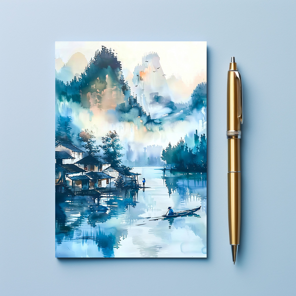 raxxa Postkarte: Mountain Landscape With Lakeside Village And Fisher Boat In Blue‑Orange Palette