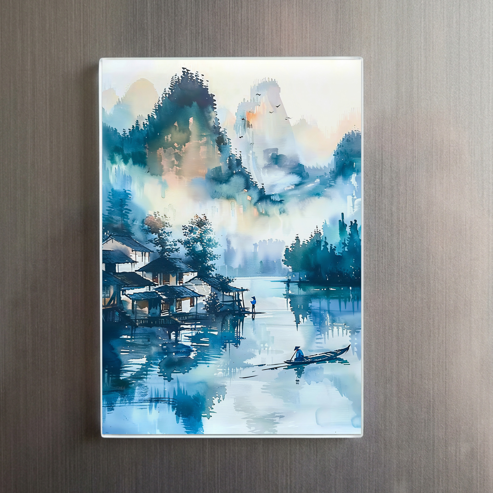 raxxa Glas-Magnet: Mountain Landscape With Lakeside Village And Fisher Boat In Blue‑Orange Palette – Bild 2