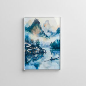 raxxa Glas-Magnet: Mountain Landscape With Lakeside Village And Fisher Boat In Blue‑Orange Palette