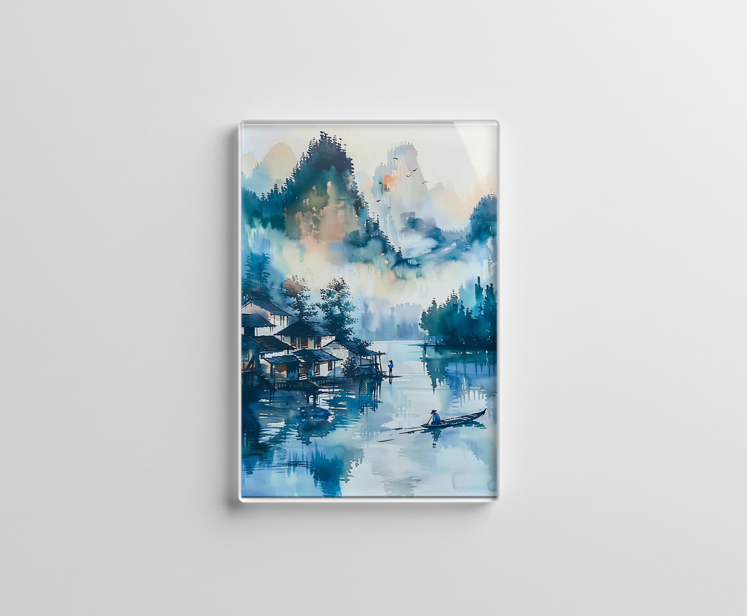 raxxa Glas-Magnet: Mountain Landscape With Lakeside Village And Fisher Boat In Blue‑Orange Palette