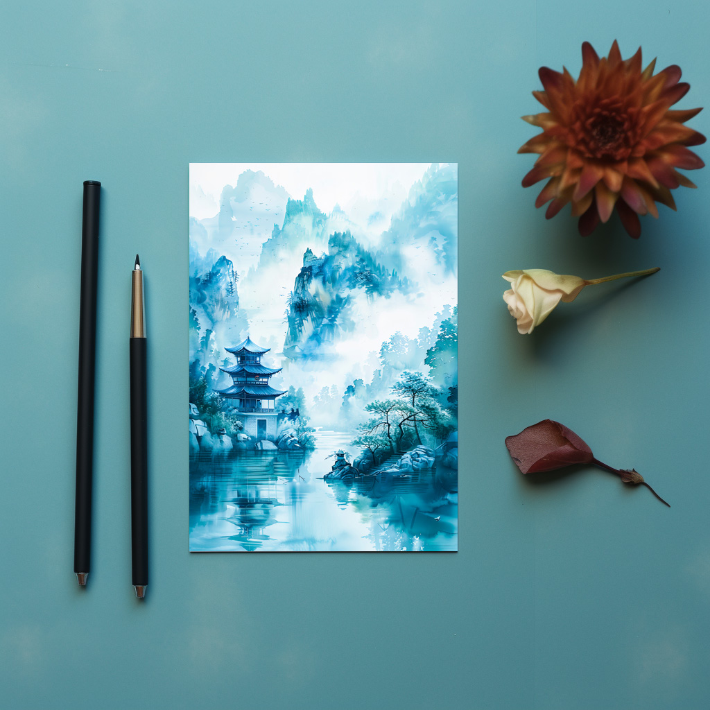 raxxa Postkarte: Pagoda At Riverbank In Chinese Mountains With Blue‑Turquoise Palette