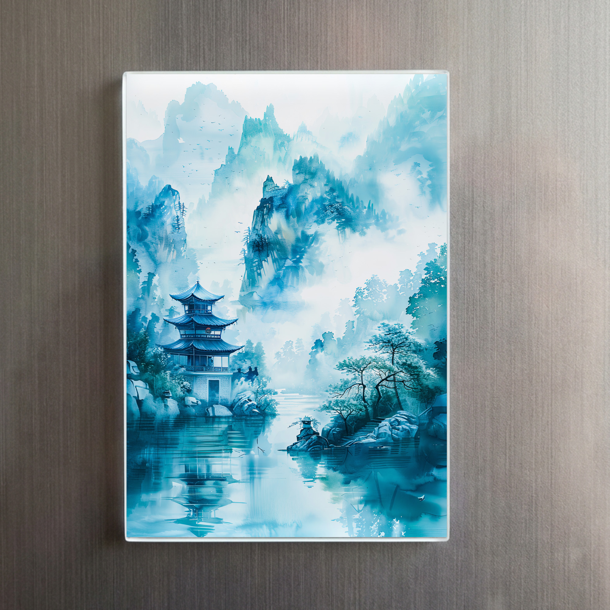 raxxa Glas-Magnet: Pagoda At Riverbank In Chinese Mountains With Blue‑Turquoise Palette – Bild 2