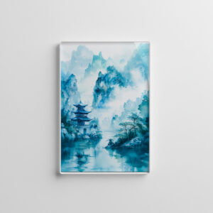 raxxa Glas-Magnet: Pagoda At Riverbank In Chinese Mountains With Blue‑Turquoise Palette
