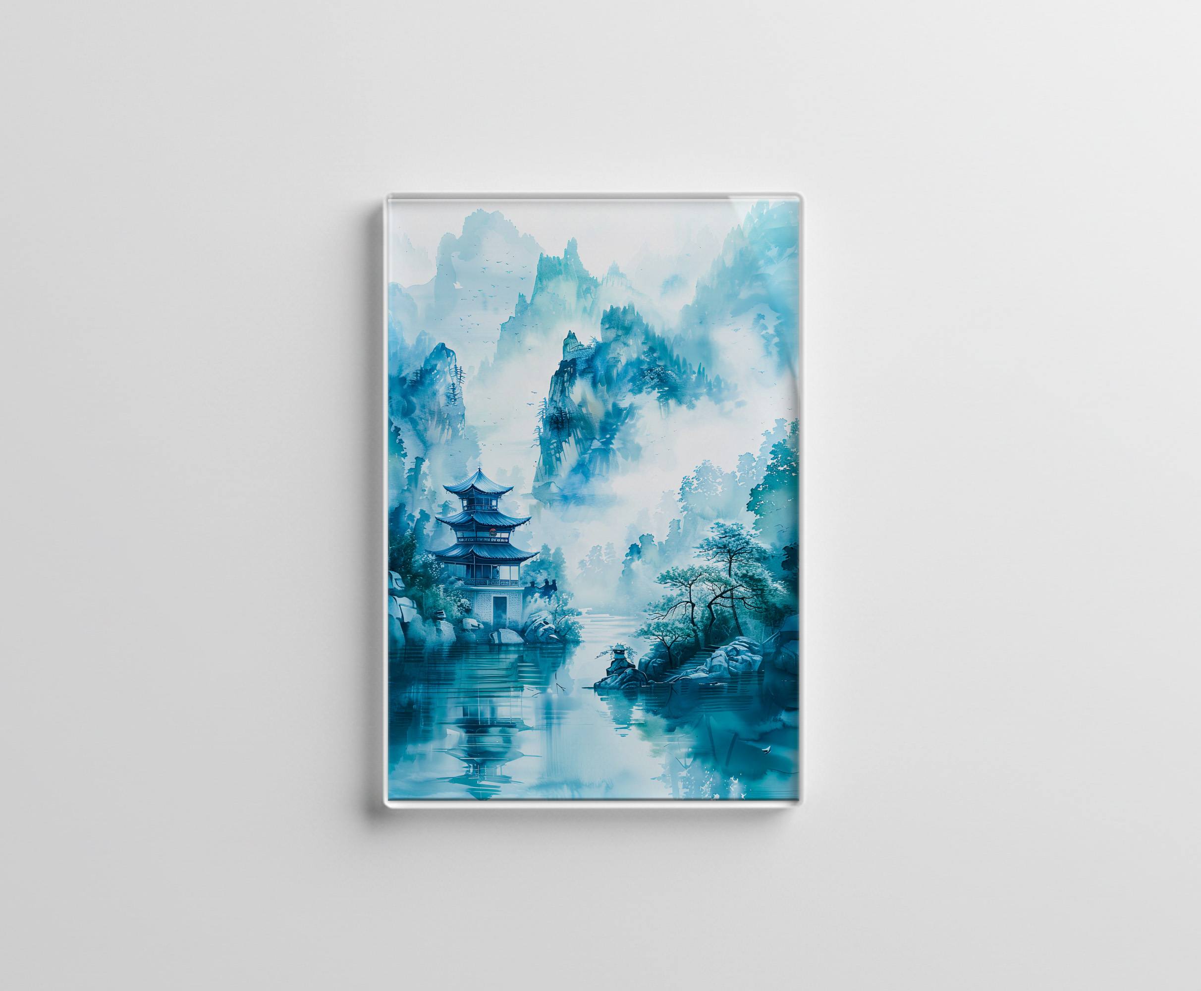 raxxa Glas-Magnet: Pagoda At Riverbank In Chinese Mountains With Blue‑Turquoise Palette