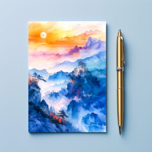 raxxa Postkarte: Mountain Landscape At Sunrise In Blue, Purple, Orange And Yellow Chinese Ink