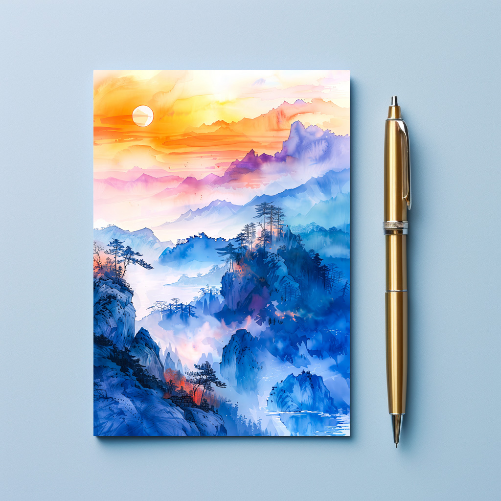 raxxa Postkarte: Mountain Landscape At Sunrise In Blue, Purple, Orange And Yellow Chinese Ink