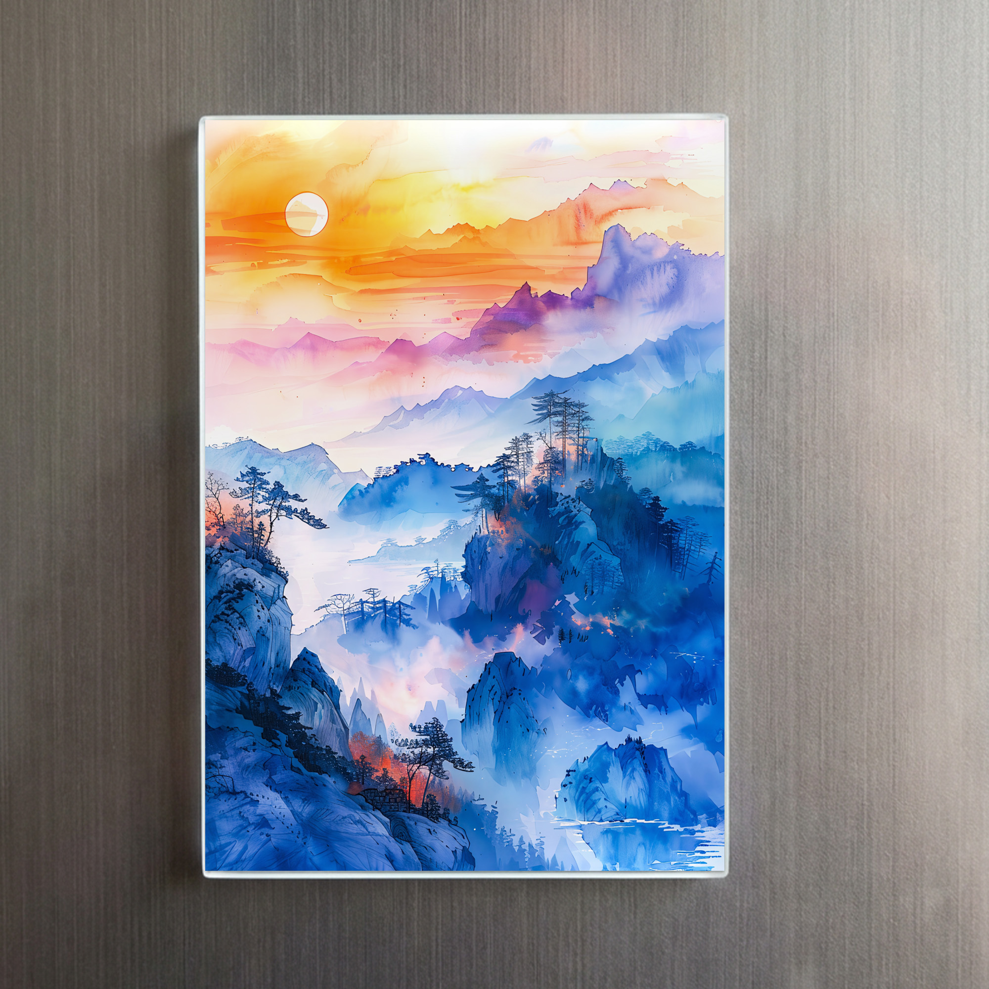 raxxa Glas-Magnet: Mountain Landscape At Sunrise In Blue, Purple, Orange And Yellow Chinese Ink - Imagen 2