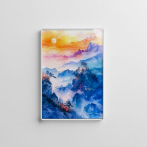 raxxa Glas-Magnet: Mountain Landscape At Sunrise In Blue, Purple, Orange And Yellow Chinese Ink