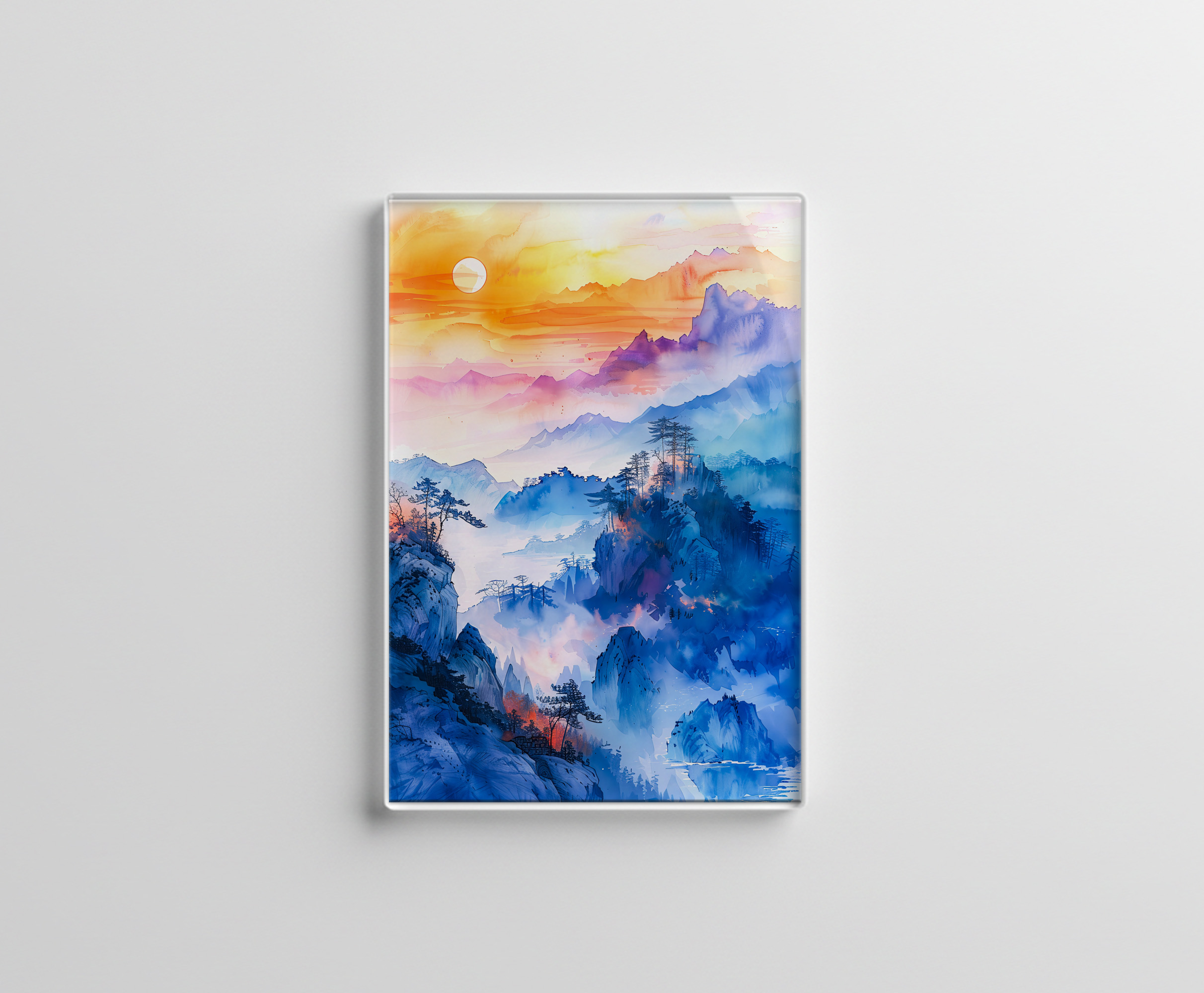 raxxa Glas-Magnet: Mountain Landscape At Sunrise In Blue, Purple, Orange And Yellow Chinese Ink