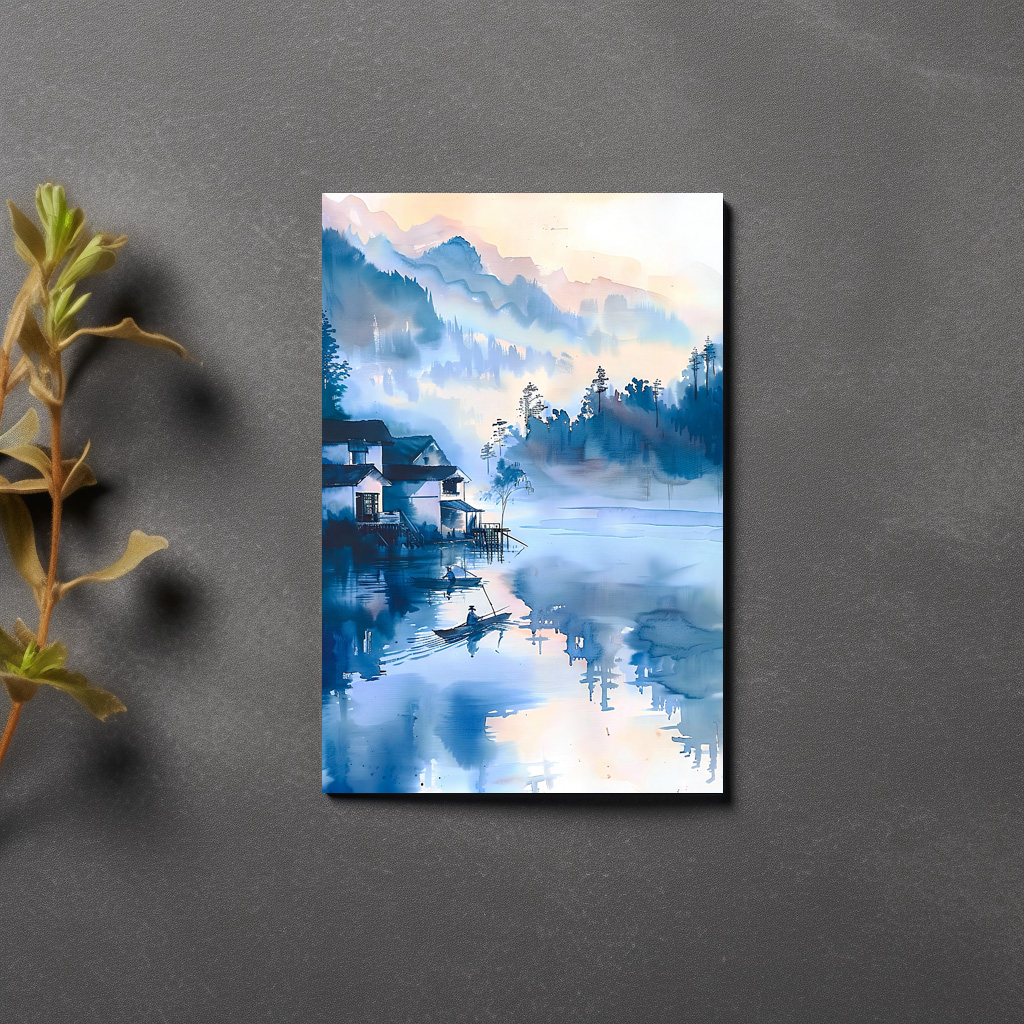 raxxa Postkarte: Lakeside Mountain Village With Quiet Fisher Boat In Blue‑Orange Chinese Ink