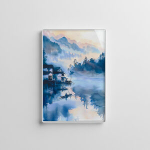 raxxa Glas-Magnet: Lakeside Mountain Village With Quiet Fisher Boat In Blue‑Orange Chinese Ink