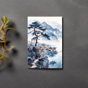 raxxa Postkarte: Pine At Lakeshore With Distant Temple And Mountain Silhouette In Chinese Ink