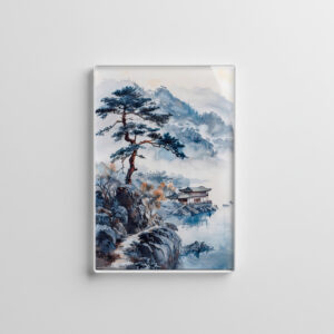 raxxa Glas-Magnet: Pine At Lakeshore With Distant Temple And Mountain Silhouette In Chinese Ink