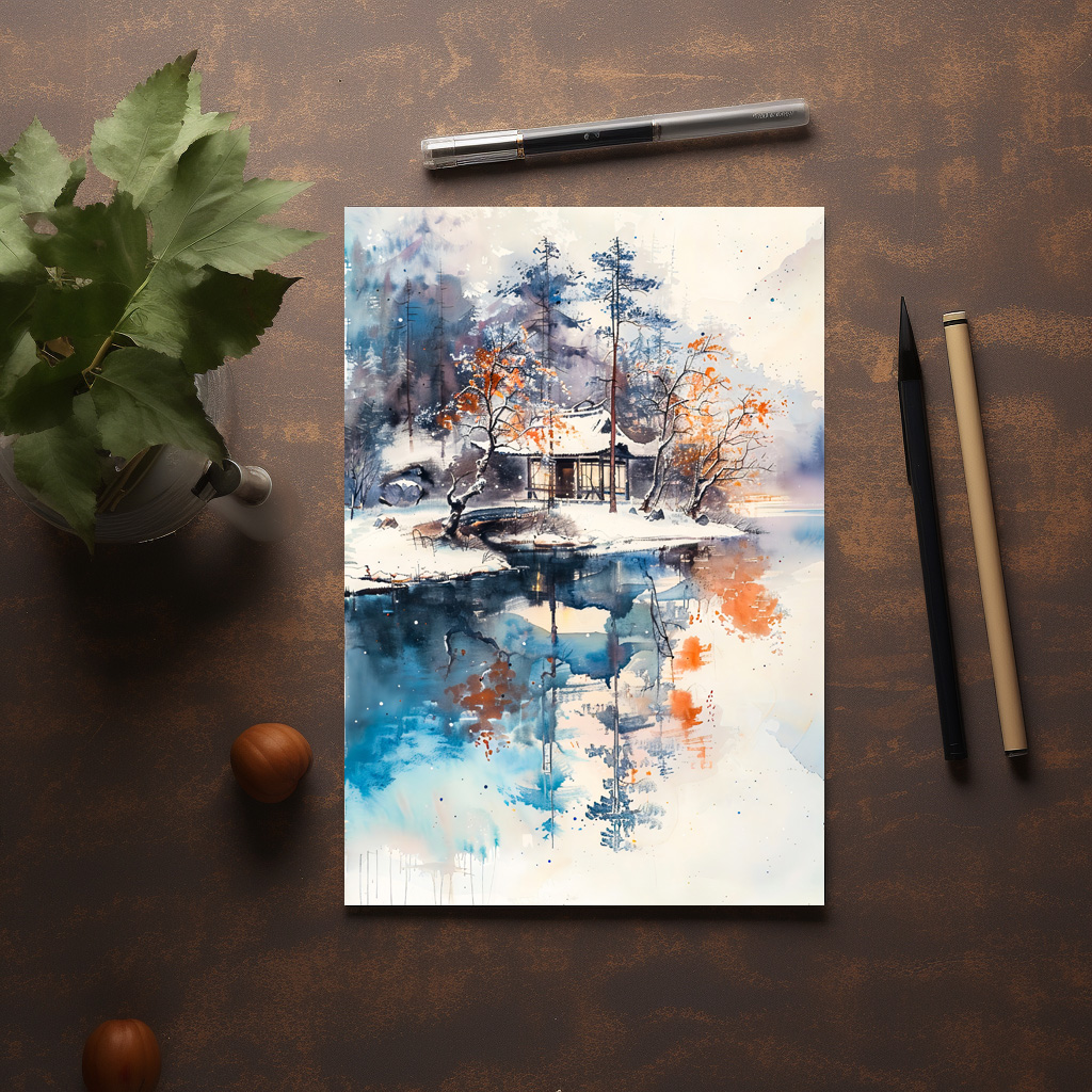 raxxa Postkarte: Temple At Autumn Lakeshore In Mountain Landscape With Chinese Ink Style