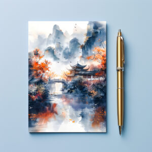 raxxa Postkarte: Autumn Trees By Lakeshore With Temple Bridge In Chinese Ink Style