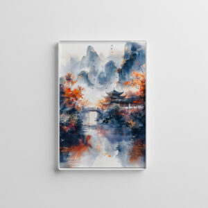raxxa Glas-Magnet: Autumn Trees By Lakeshore With Temple Bridge In Chinese Ink Style