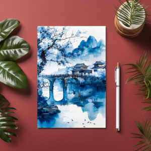 raxxa Postkarte: Large Cherry Tree At Riverbank With Temple Bridge And Mountain Panorama In Chinese Ink