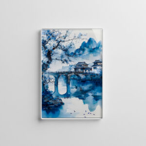 raxxa Glas-Magnet: Large Cherry Tree At Riverbank With Temple Bridge And Mountain Panorama In Chinese Ink