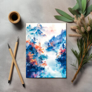 raxxa Postkarte: Autumn Landscape With Colorful Trees, River And Misty Mountain Panorama In Chinese Ink