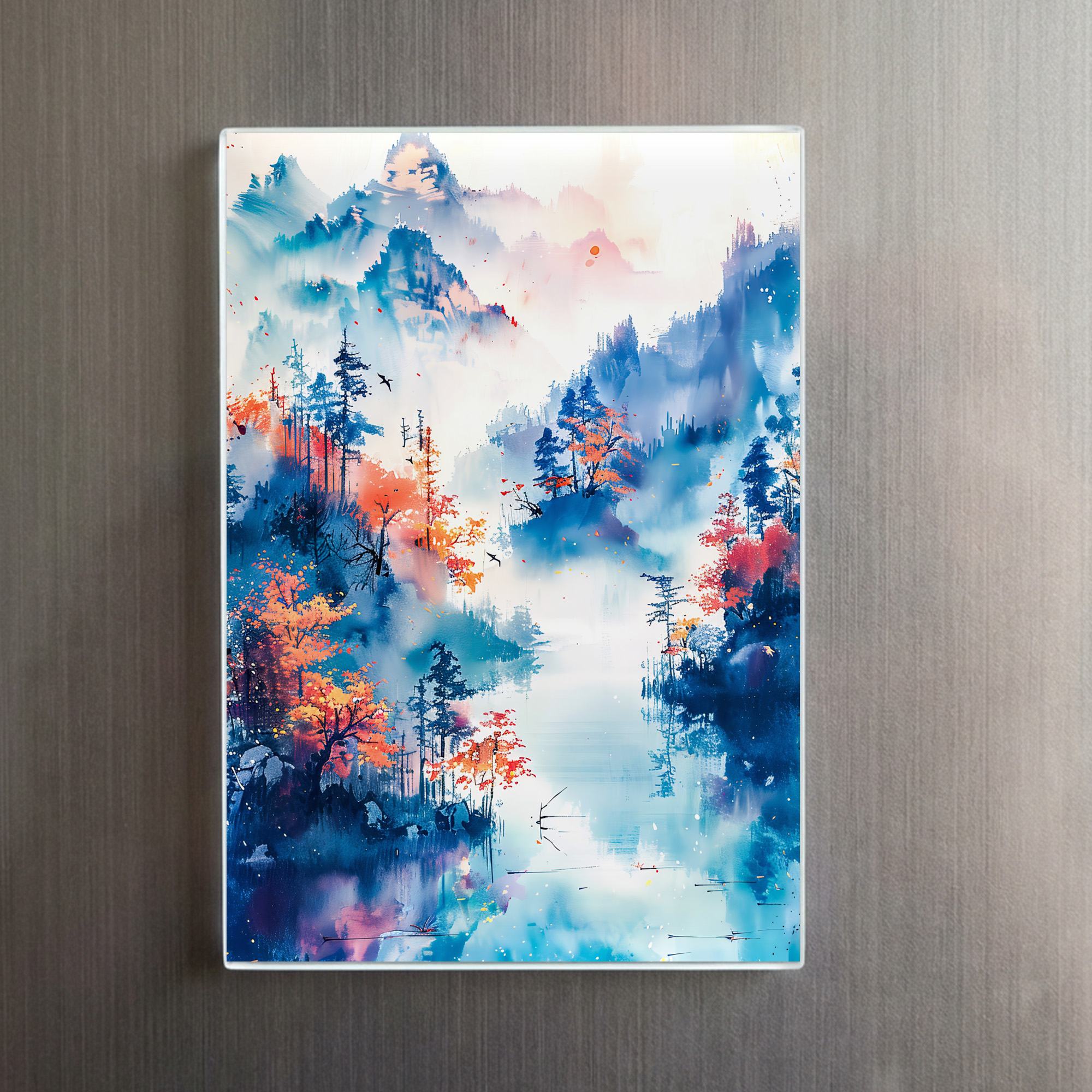 raxxa Glas-Magnet: Autumn Landscape With Colorful Trees, River And Misty Mountain Panorama In Chinese Ink – Bild 2
