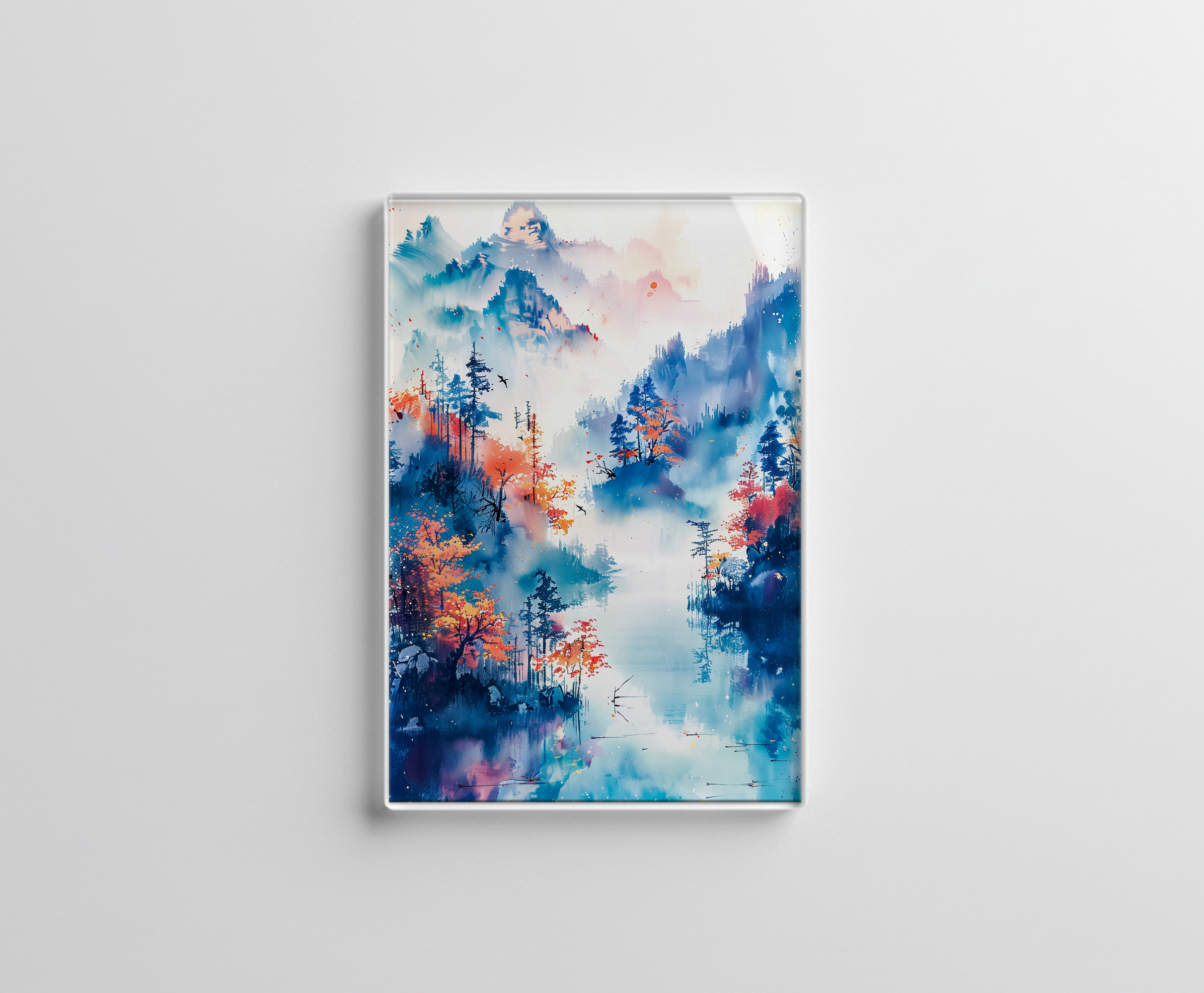 raxxa Glas-Magnet: Autumn Landscape With Colorful Trees, River And Misty Mountain Panorama In Chinese Ink