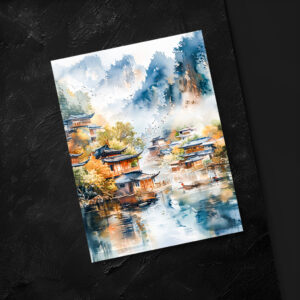 raxxa Postkarte: Mountain River Valley With Village On Both Banks In Chinese Ink Style