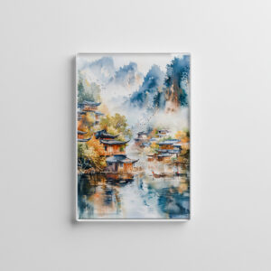 raxxa Glas-Magnet: Mountain River Valley With Village On Both Banks In Chinese Ink Style